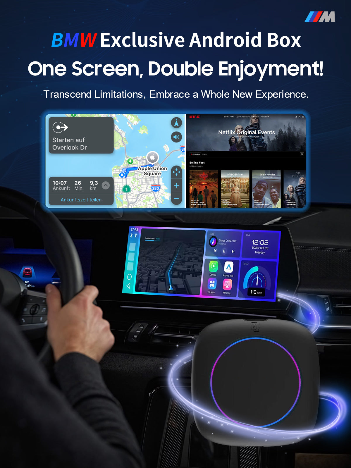 VMC BMW Multimedia Box with Apple CarPlay, enabling streaming apps like YouTube, Netflix, and Prime TV on BMW iDrive