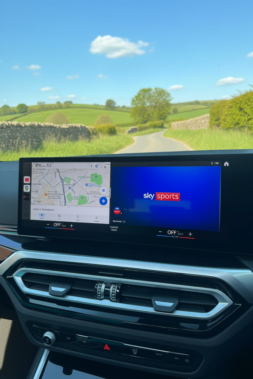 BMW iDrive showing split screen use of VMC BMW Multimedia Box with Sky Sports on one side and Google Maps on the other. 